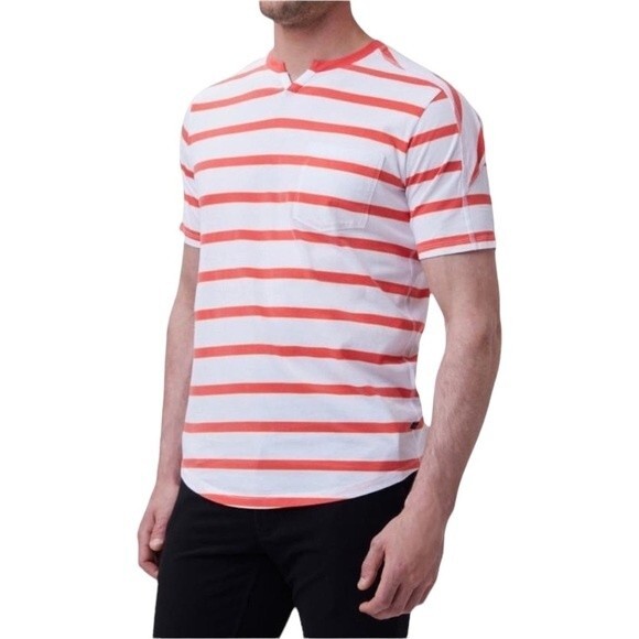 Good Man Brand Short Sleeve Split Neck Stripe Cotton Jersey Tee Top Pocket - Picture 15 of 15